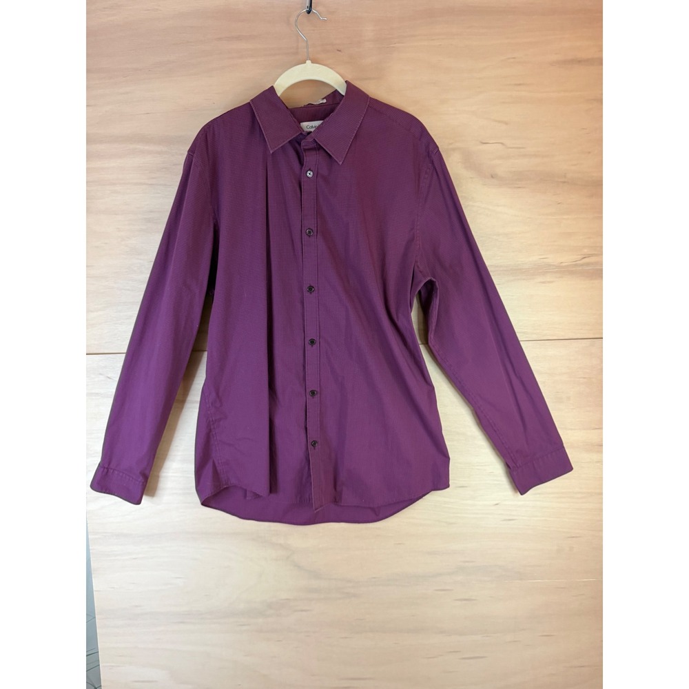 Calvin Klein Mens Large Purple Non Iron Long Sleeve Button Down Grid Dress Shirt